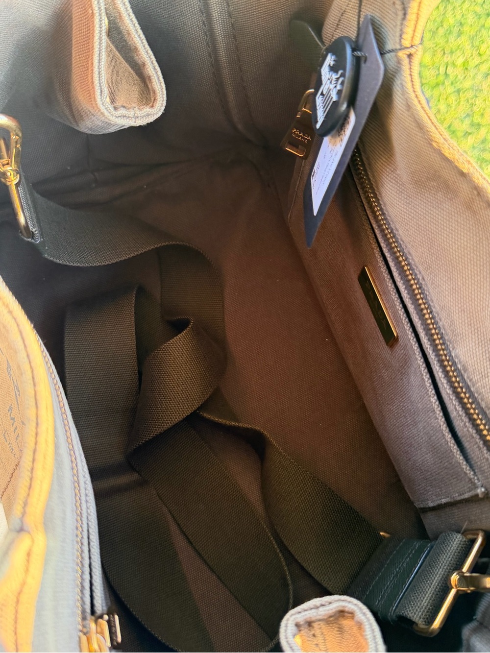 Prada taupe canvas tote with gold plaque - Picture 2 of 11